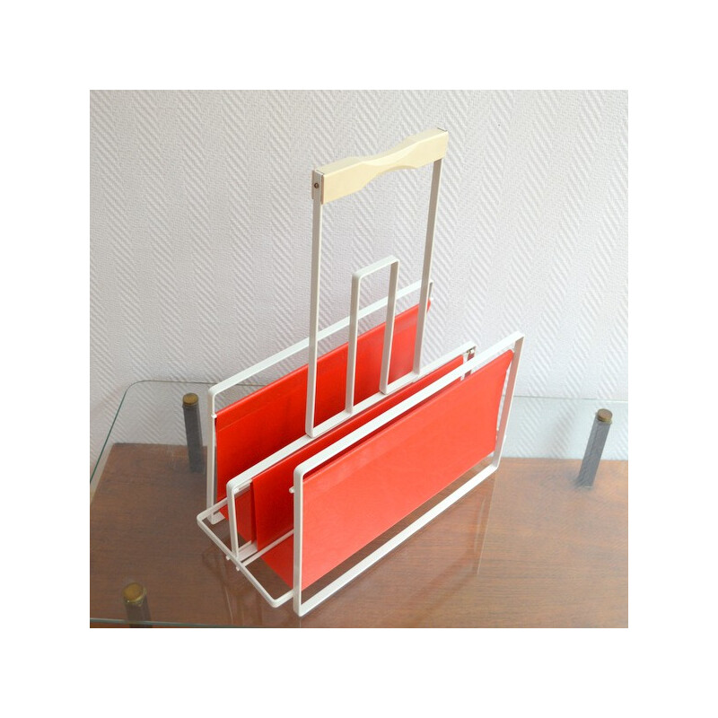 Magazine rack in metal and red leatherette - 1960s