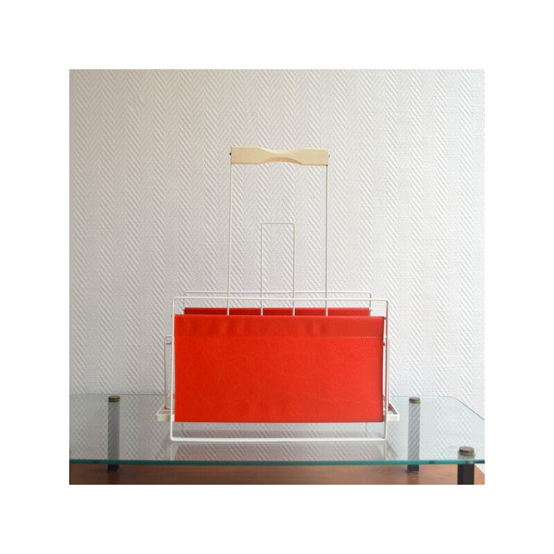 Magazine rack in metal and red leatherette - 1960s