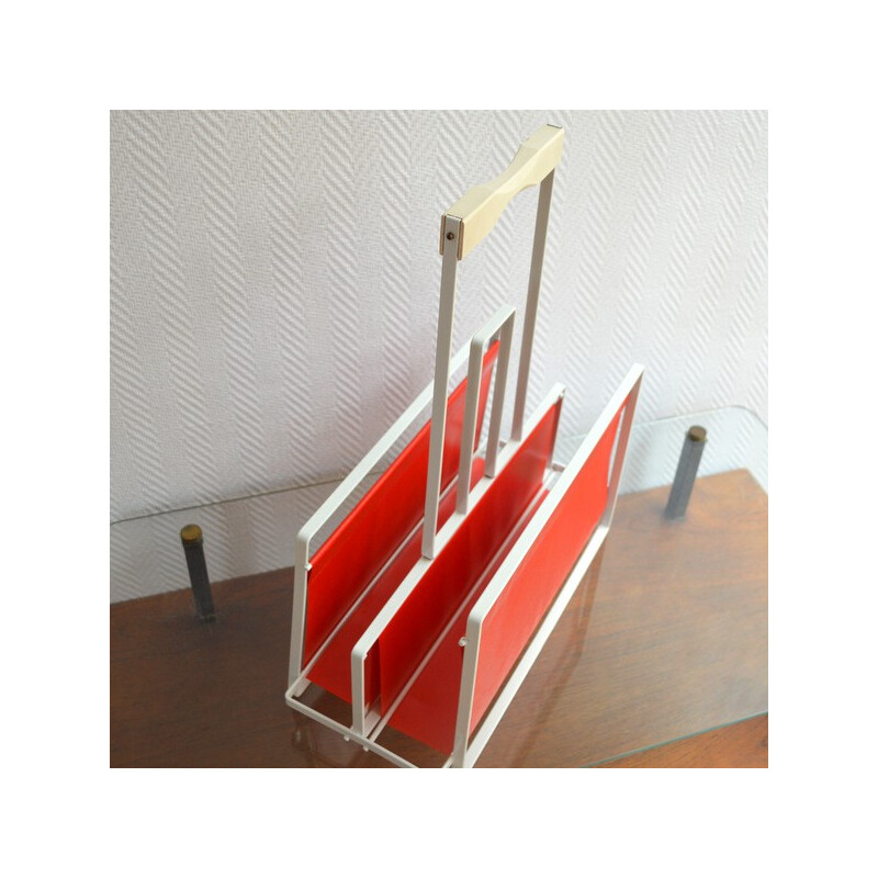 Magazine rack in metal and red leatherette - 1960s