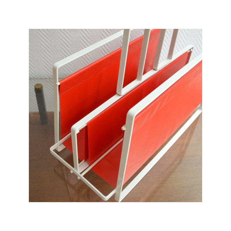 Magazine rack in metal and red leatherette - 1960s