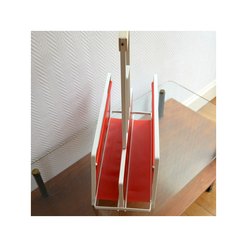 Magazine rack in metal and red leatherette - 1960s