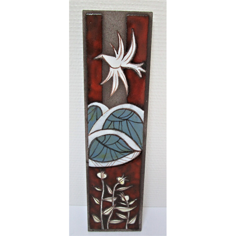 Vintage enamelled lava with polychrome decoration of dove and plants 1960