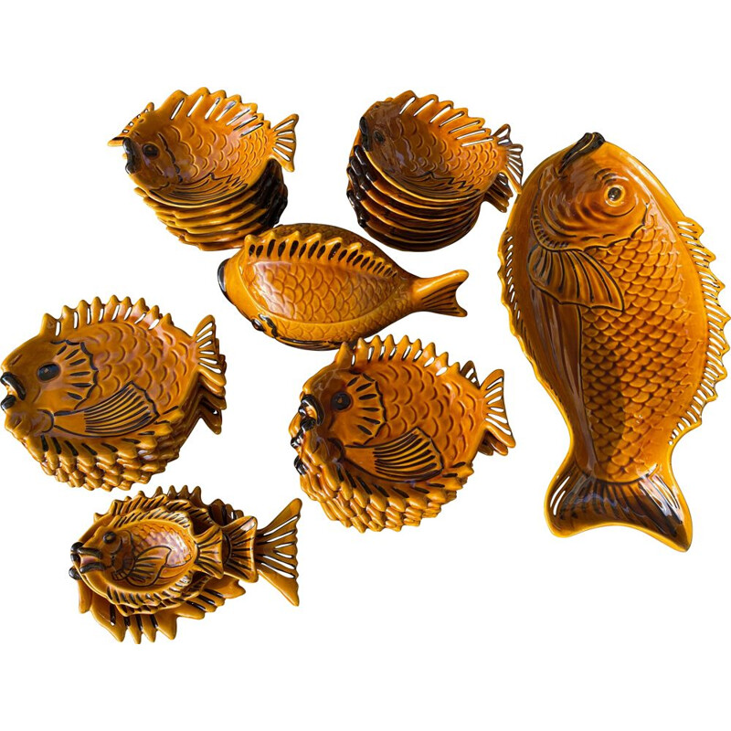 Vintage Fish Set Vallauris Ceramic 28 pieces - 1960 