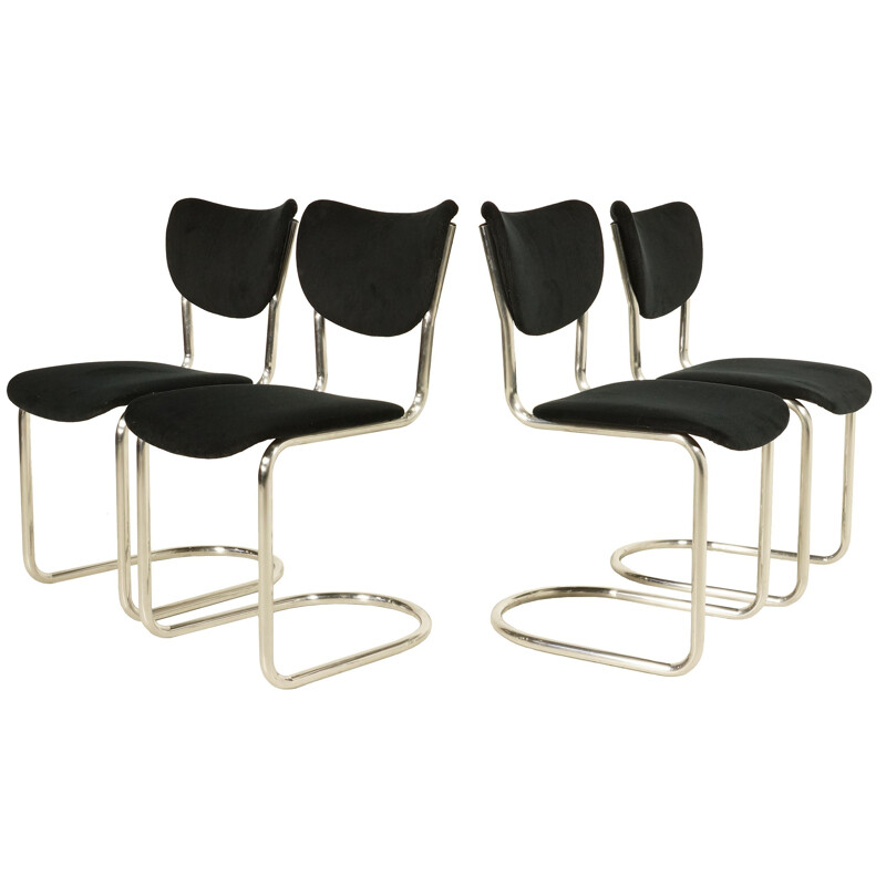 Ensemble de 4 chaises à repas De Wit en velours côtelé noir - 1950