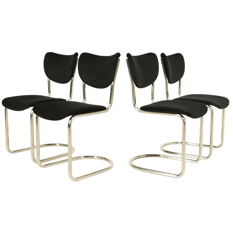Set of 4 De Wit dining chairs with black corduroy fabric - 1950s