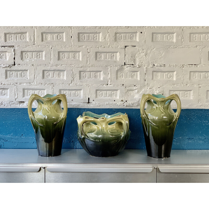 Set of 3 glazed ceramic pot holders "vase de Chalmont" AG De Bruyn and Hector GUIMARD 1900