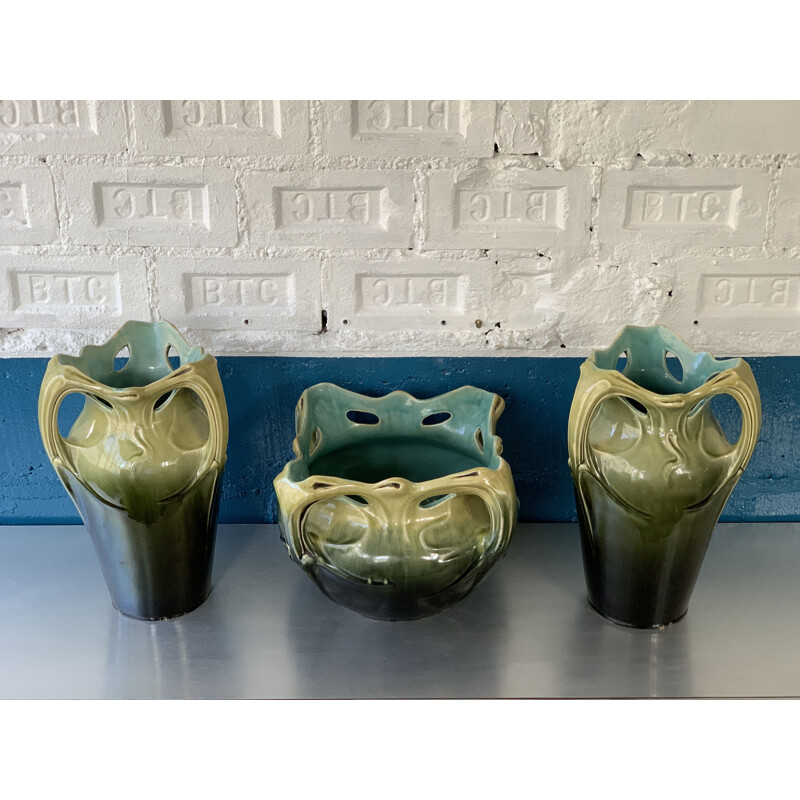 Ensemble de 3 cache pots céramique émaillée "vase de Chalmont" AG De Bruyn et Hector GUIMARD 1900