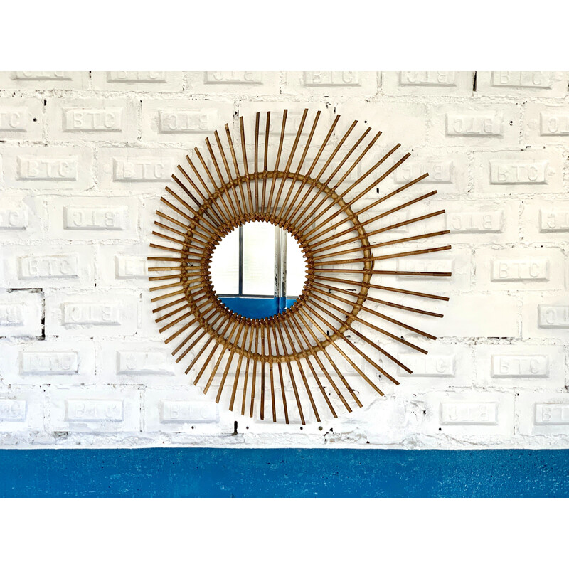 Large vintage rattan mirror 1950