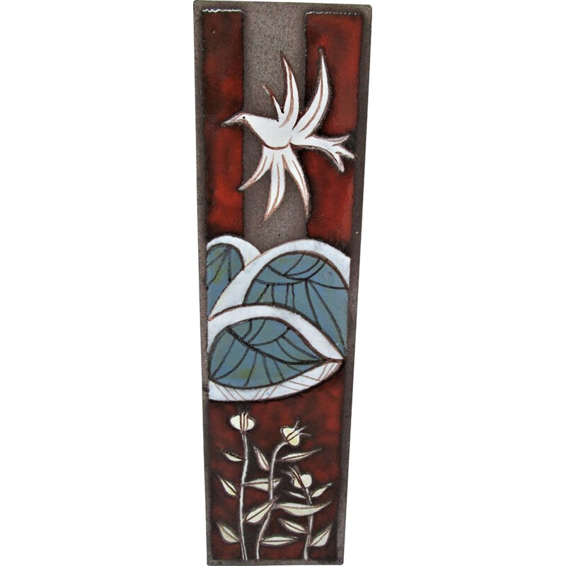 Vintage enamelled lava with polychrome decoration of dove and plants 1960