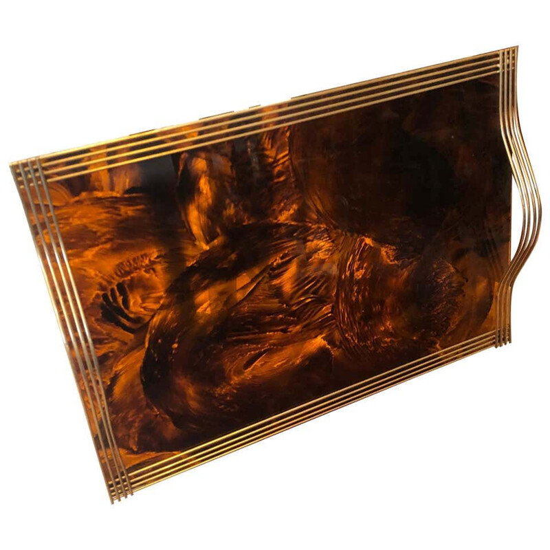 Mid-Century Brass and Fake Tortoise Lucite Serving Tray 1960