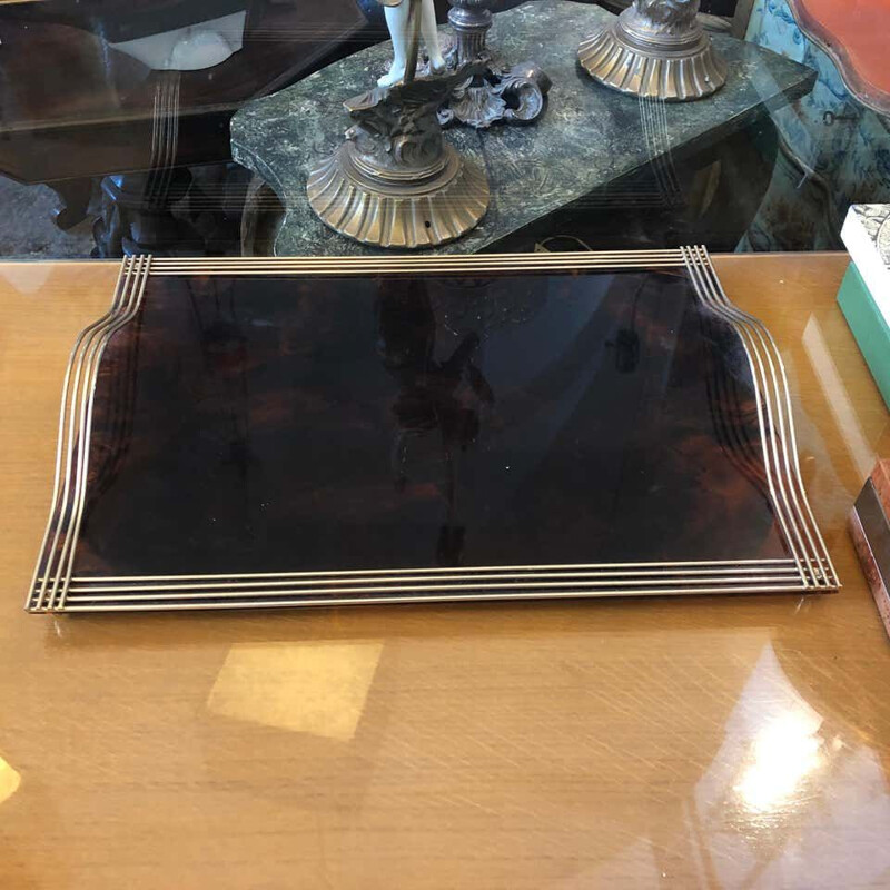 Mid-Century Brass and Fake Tortoise Lucite Serving Tray 1960