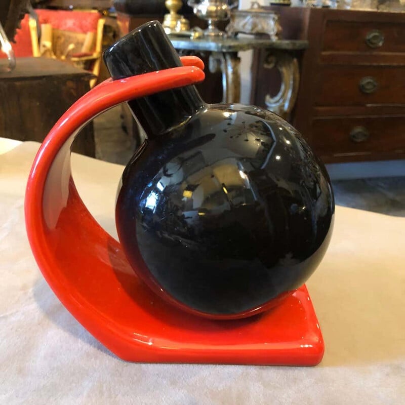 Vintage Ceramic Vase, Memphis Red and Black Italian 1980