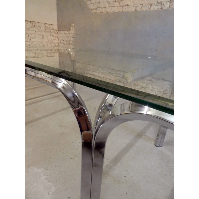 Large vintage dining table glass & aluminium chrome-plated 1970