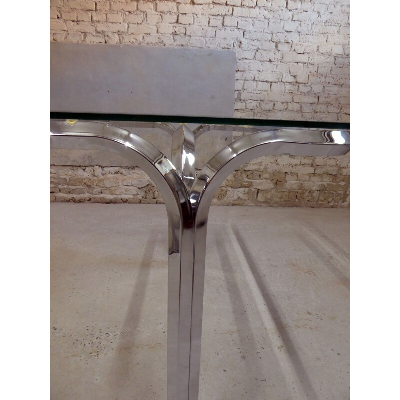 Large vintage dining table glass & aluminium chrome-plated 1970