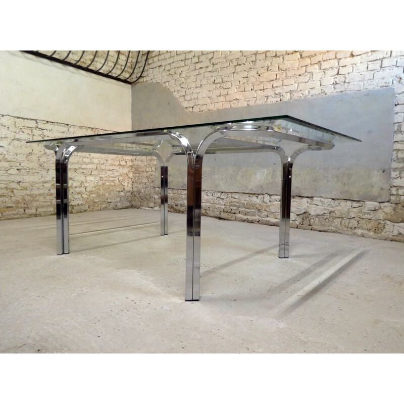 Large vintage dining table glass & aluminium chrome-plated 1970