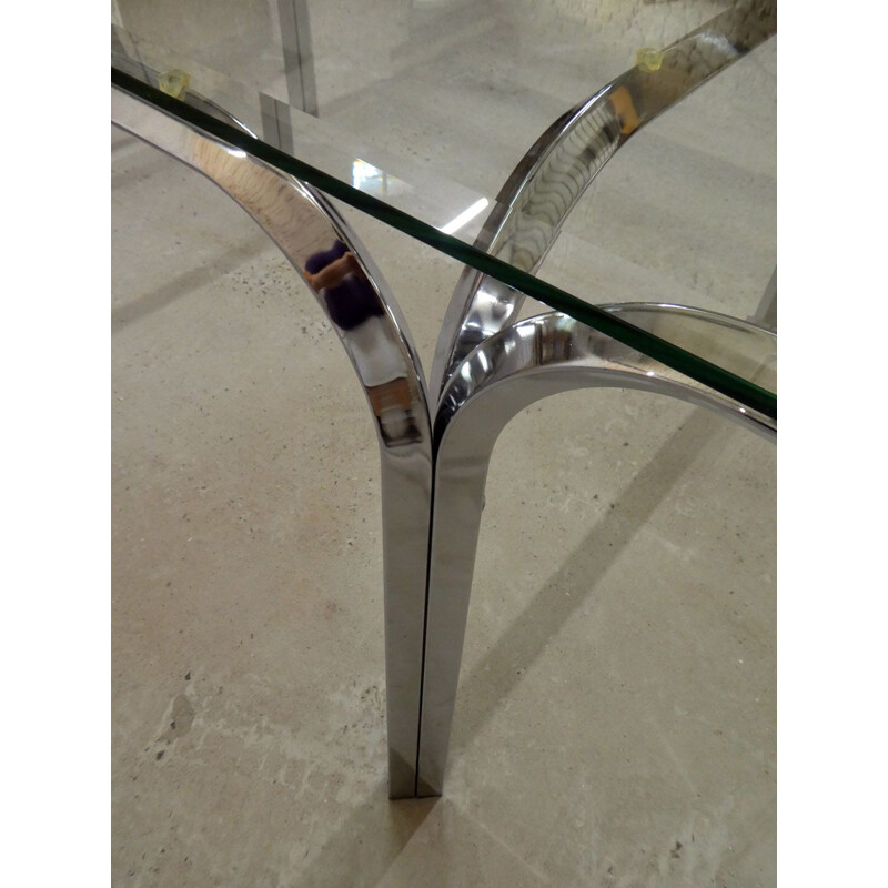 Large vintage dining table glass & aluminium chrome-plated 1970