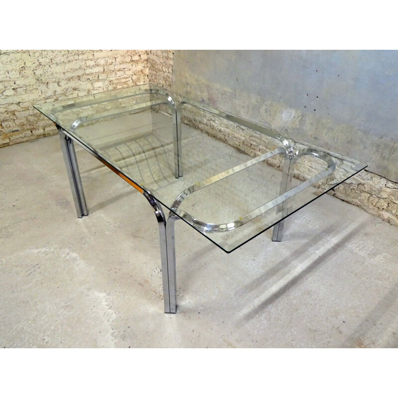 Large vintage dining table glass & aluminium chrome-plated 1970