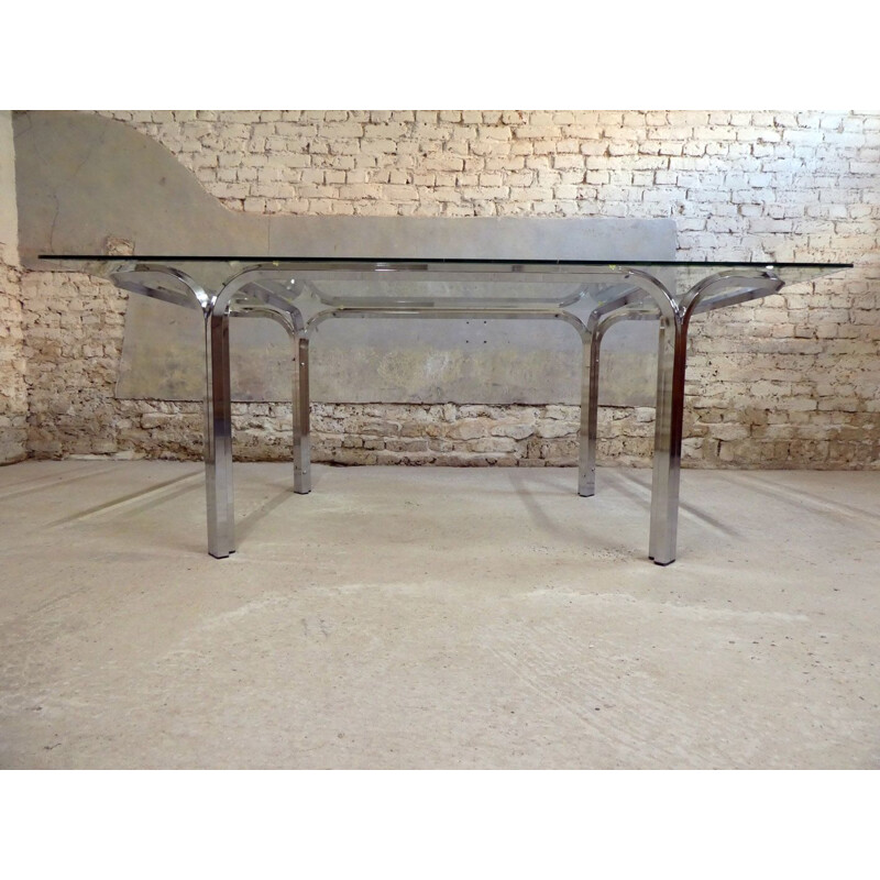 Large vintage dining table glass & aluminium chrome-plated 1970