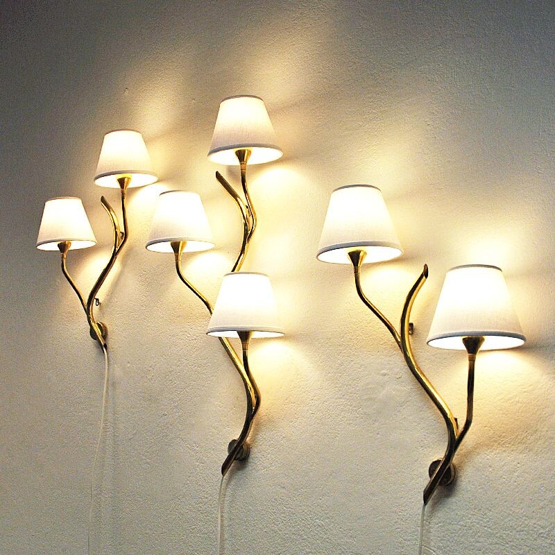 Set of 3 midcentury Norwegian branch brass Wall lamps from Astra 1950s