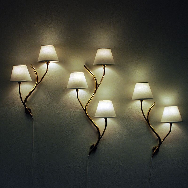 Set of 3 midcentury Norwegian branch brass Wall lamps from Astra 1950s