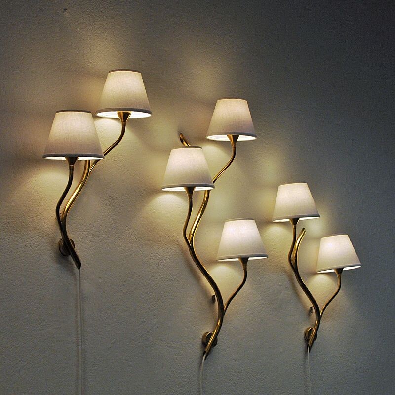 Set of 3 midcentury Norwegian branch brass Wall lamps from Astra 1950s