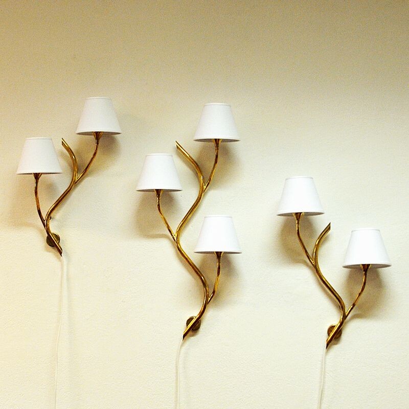 Set of 3 midcentury Norwegian branch brass Wall lamps from Astra 1950s