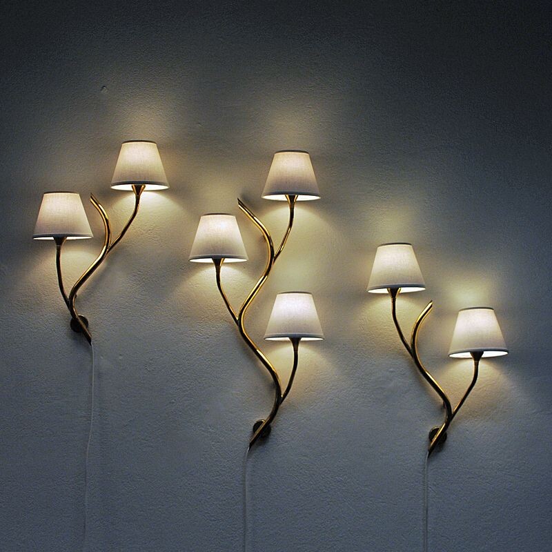 Set of 3 midcentury Norwegian branch brass Wall lamps from Astra 1950s