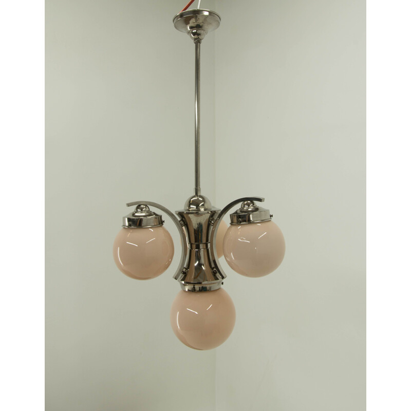 Vintage Chrome-plated Art Deco Chandelier with Pink Shades, 1930s