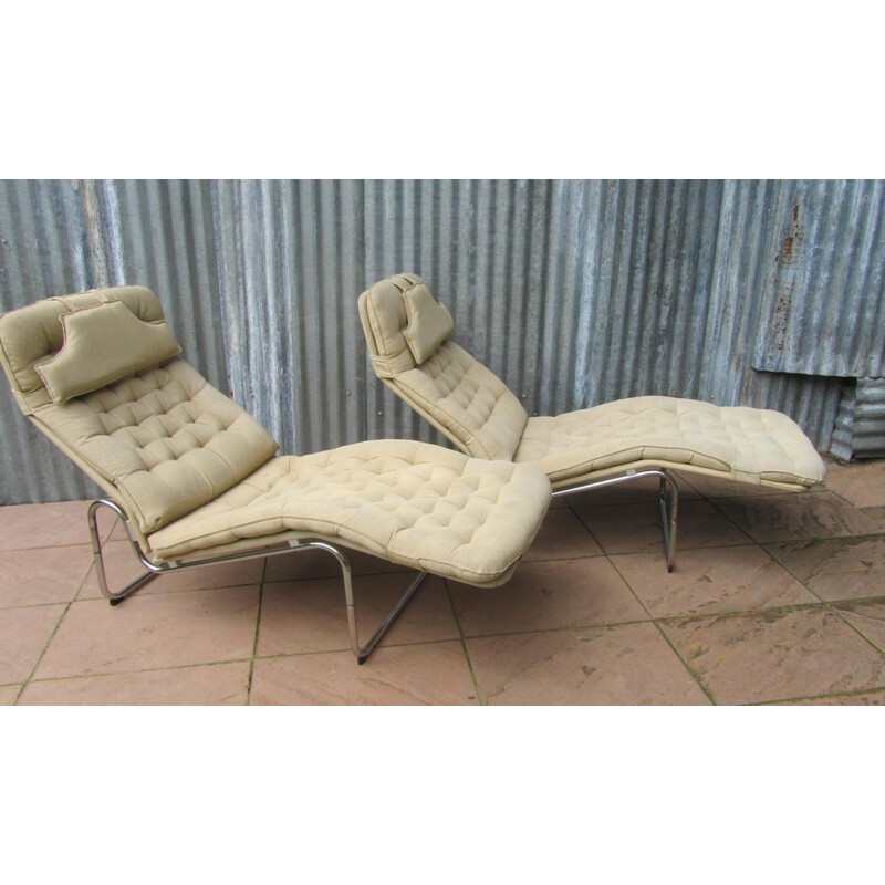 Pair of "Kroken" Ikea lounge chairs in beige cotton, Christer BLOMQUIST - 1970s