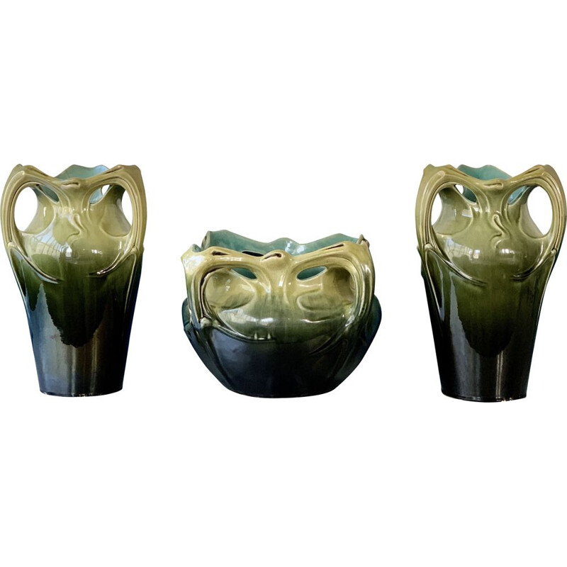 Ensemble de 3 cache pots céramique émaillée "vase de Chalmont" AG De Bruyn et Hector GUIMARD 1900