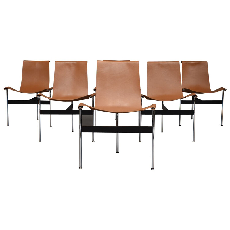 Set of 6 Katavolos T-Chairs in Tan Saddle Leather and Chrome, USA – 1952