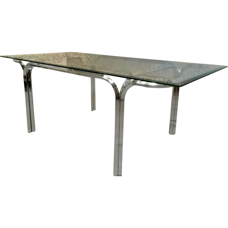 Large vintage dining table glass & aluminium chrome-plated 1970