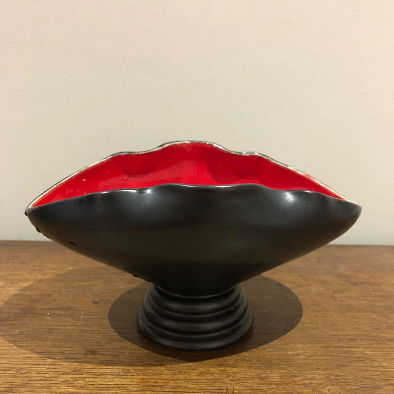 Bandeja vintage de cerámica negra y roja, 1950