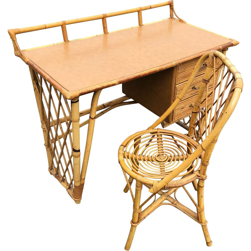 Vintage rattan desk and chair 1960 