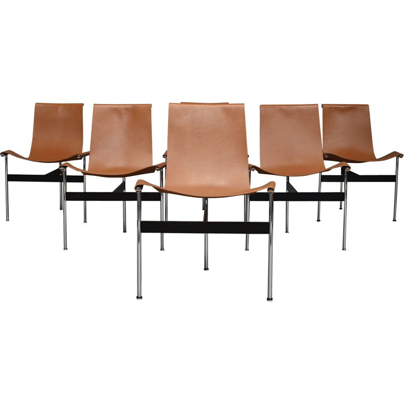 Set of 6 Katavolos T-Chairs in Tan Saddle Leather and Chrome, USA – 1952