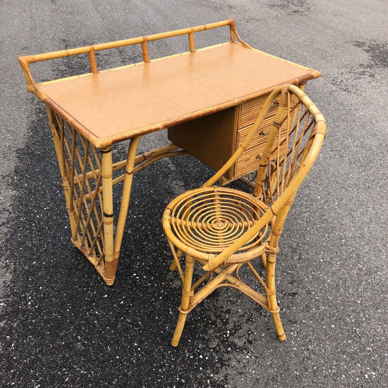 Vintage rattan desk and chair 1960 