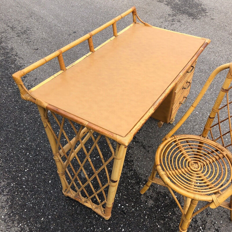 Bureau vintage en rotin et chaise 1960 