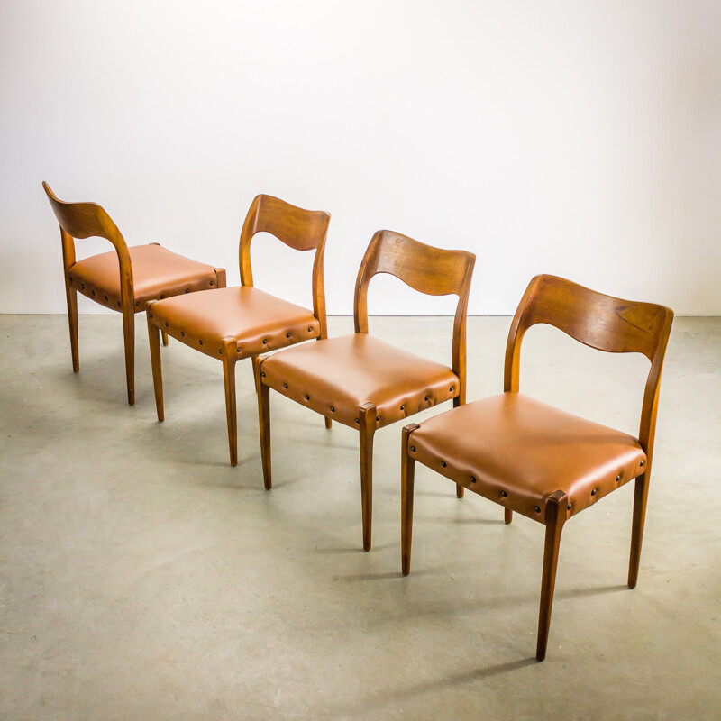 Set of four Scandinavian chairs in teak and brown leather, Niels O.MOLLER - 1950s