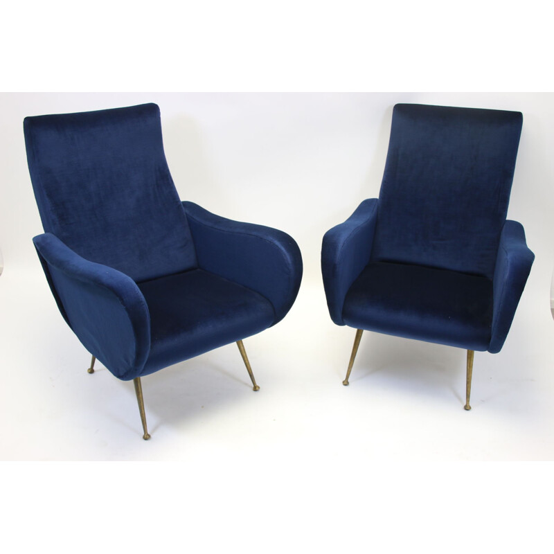 Ensemble de fauteuils vintage Marco Zanuso en velours bleu