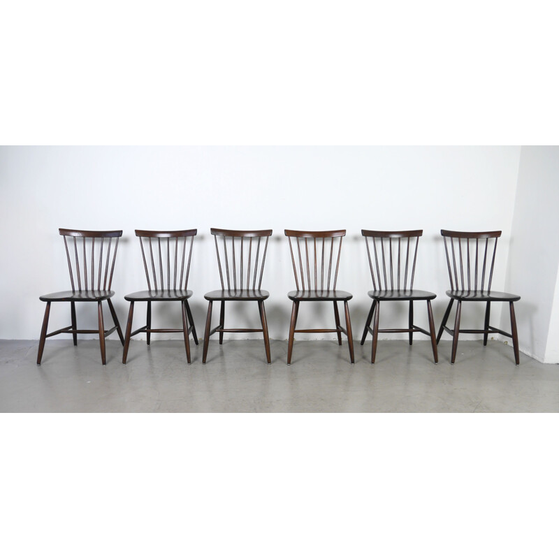 Set of 6 Dark Brown Wooden Chairs by Erik Fryklund for Hagafors, Sweden, 1950s