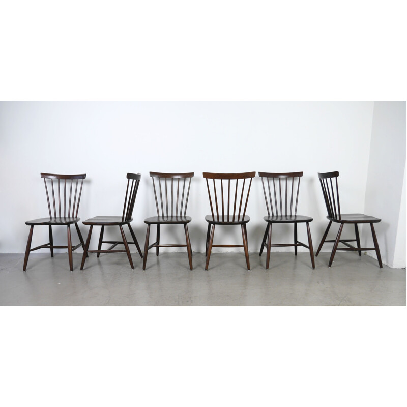 Set of 6 Dark Brown Wooden Chairs by Erik Fryklund for Hagafors, Sweden, 1950s