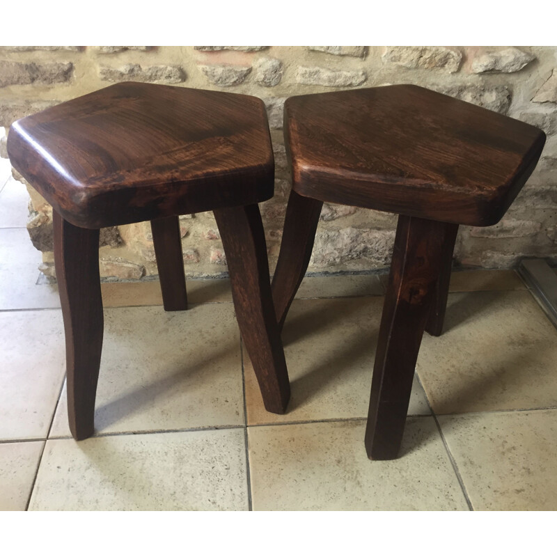 Pairs of brutal vintage solid elm stools by Olavi Hanninen 1960