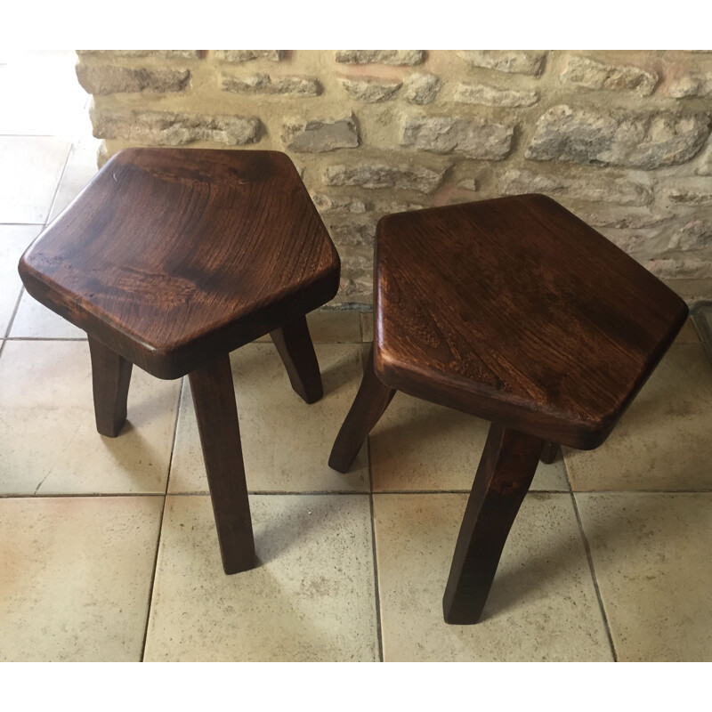 Pairs of brutal vintage solid elm stools by Olavi Hanninen 1960