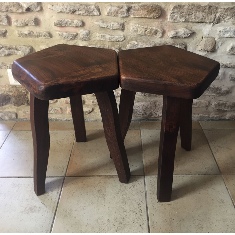 Pairs of brutal vintage solid elm stools by Olavi Hanninen 1960