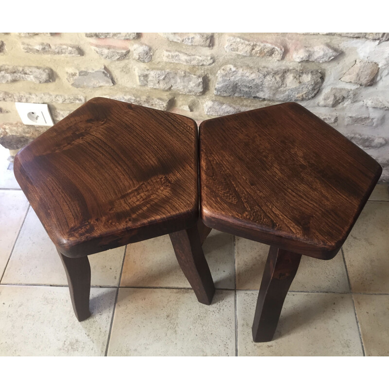 Pairs of brutal vintage solid elm stools by Olavi Hanninen 1960