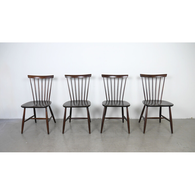 Lot de 4 chaises de salle à manger en bois brun foncé par Erik Fryklund pour Hagafors, Suède, 1950