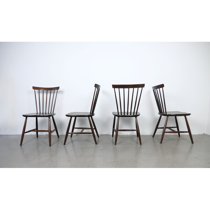 Set of 4 Dark Brown Wooden Dining Chairs by Erik Fryklund for Hagafors, Sweden, 1950s