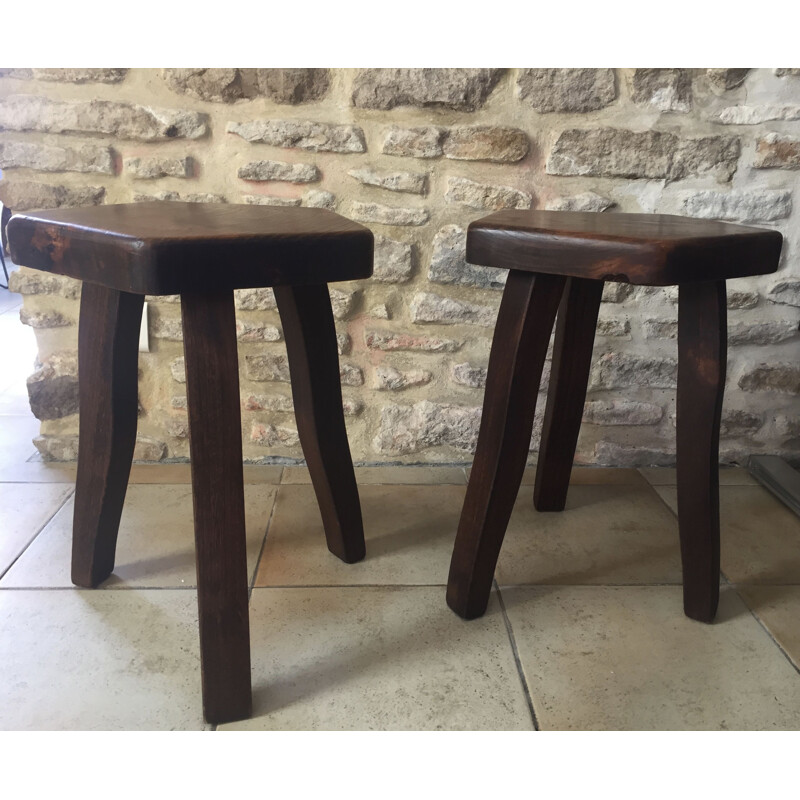 Pairs of brutal vintage solid elm stools by Olavi Hanninen 1960