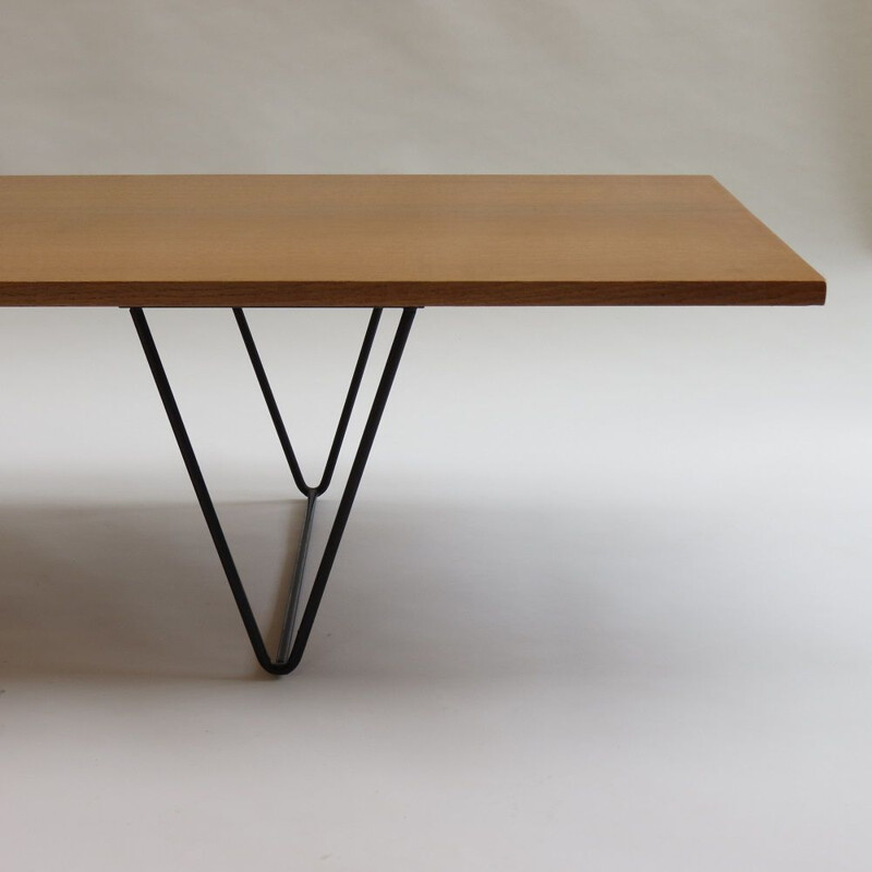 Long vintage Oak Bench side Table with Black Metal Legs in the style of Hille Interplan 1960s