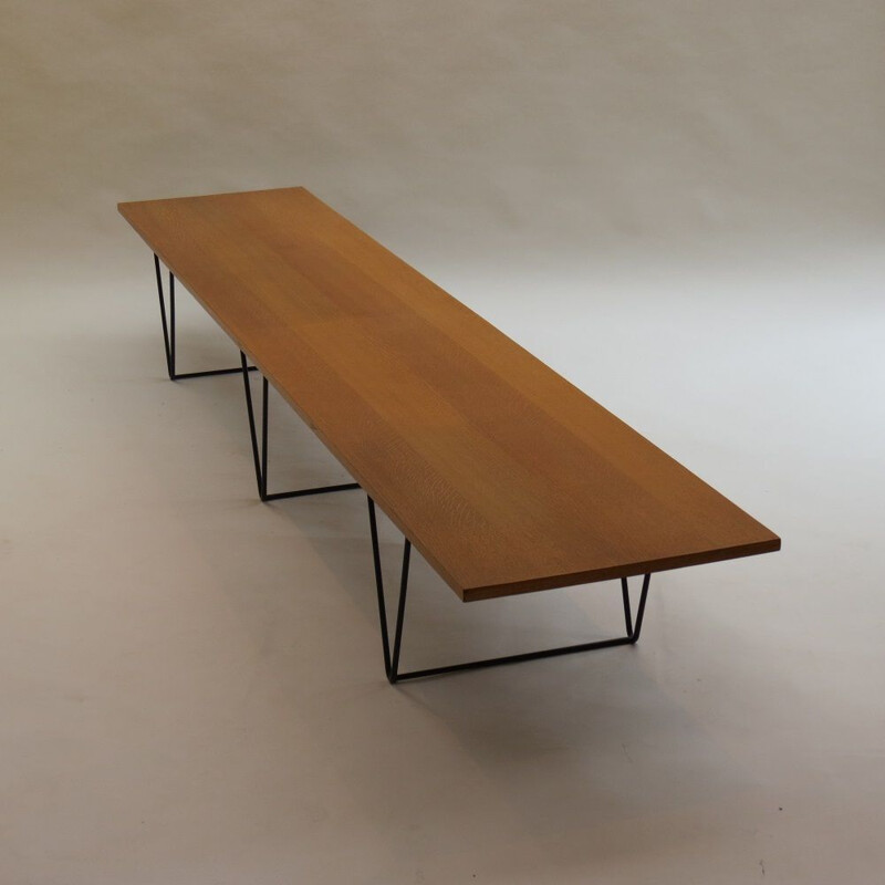 Long vintage Oak Bench side Table with Black Metal Legs in the style of Hille Interplan 1960s